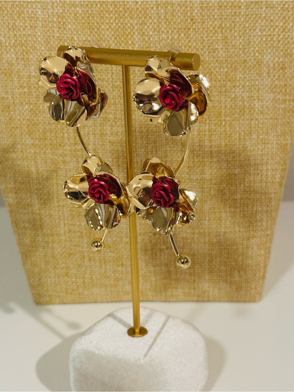 Fashion Jewelry Gold-Tone Earrings with Red Rose Accents